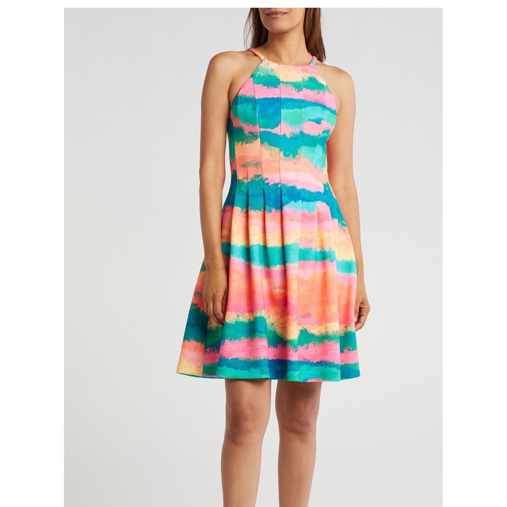 Vince Camuto Womens Watercolor Stripe Fit & Flare Dress Orange Teal Pink Size 8